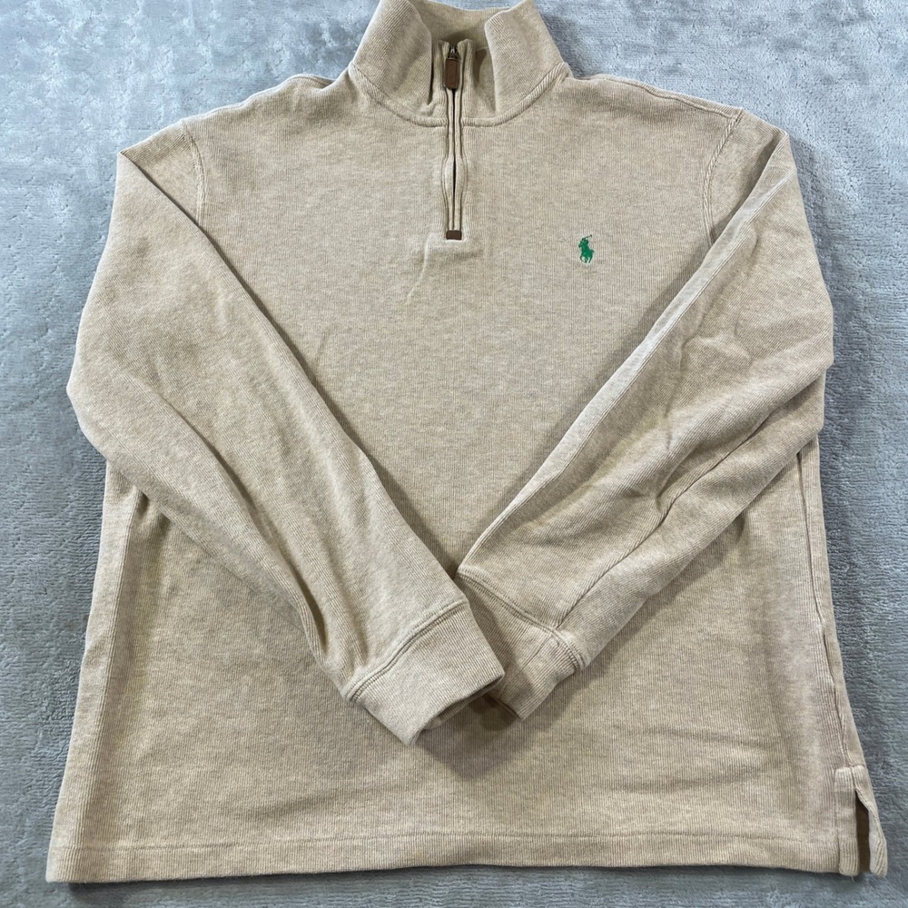 Polo Ralph Lauren 1/4 Zip Pullover Mens Large Tan Beige Cotton Minimalist Preppy